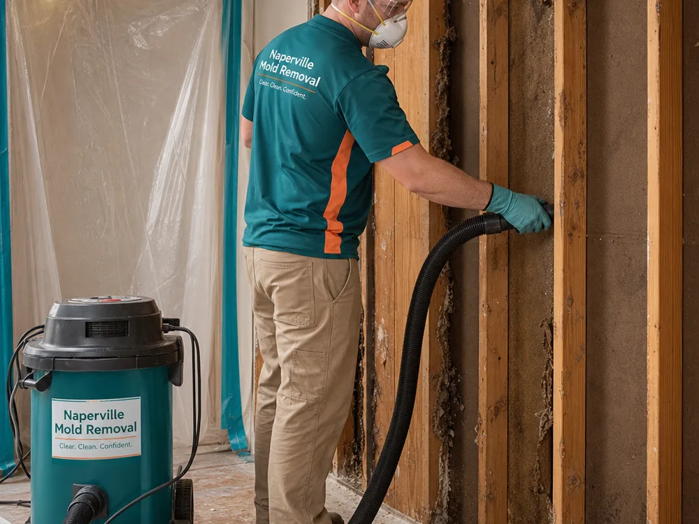 Contractor HEPA vacuuming exposed wood studs after drywall removal inside a contained work area