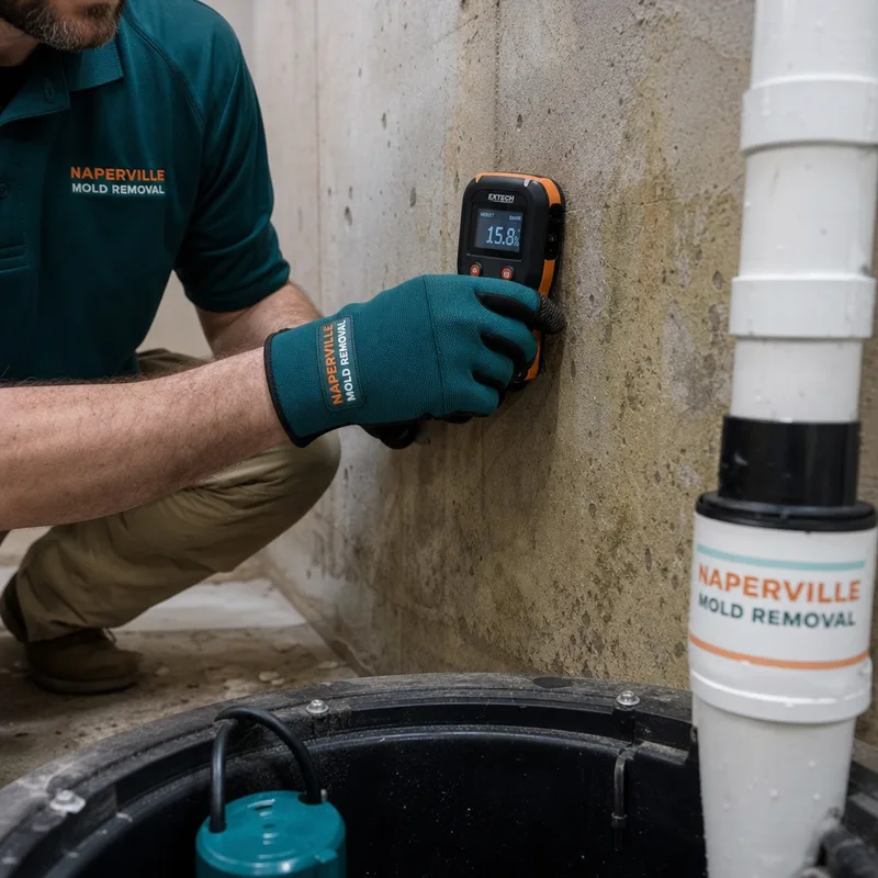Moisture meter reading on a basement wall section near a sump pit and discharge line
