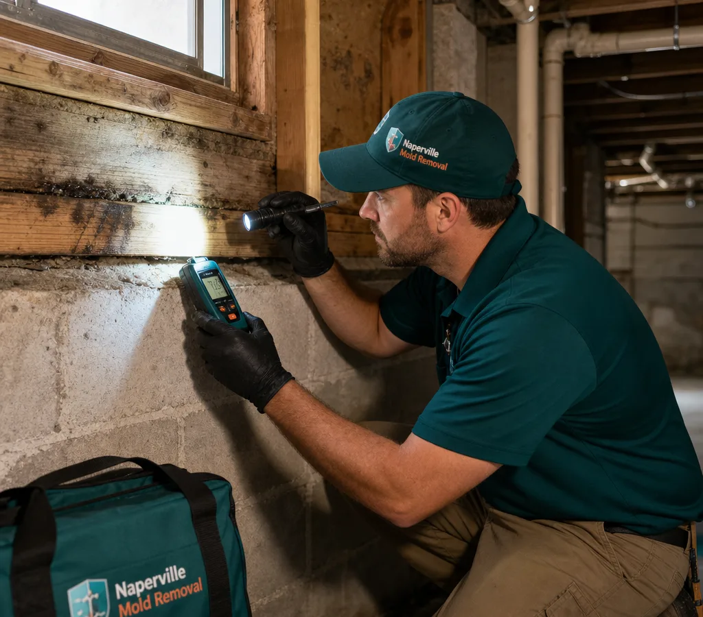 Contractor inspecting a basement rim joist and sill plate with a flashlight and moisture meter in a Midwestern home