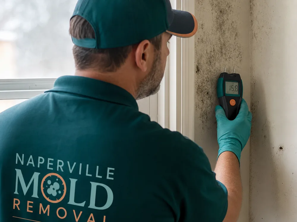 Contractor using a pin-type moisture meter on drywall near a window frame with light discoloration