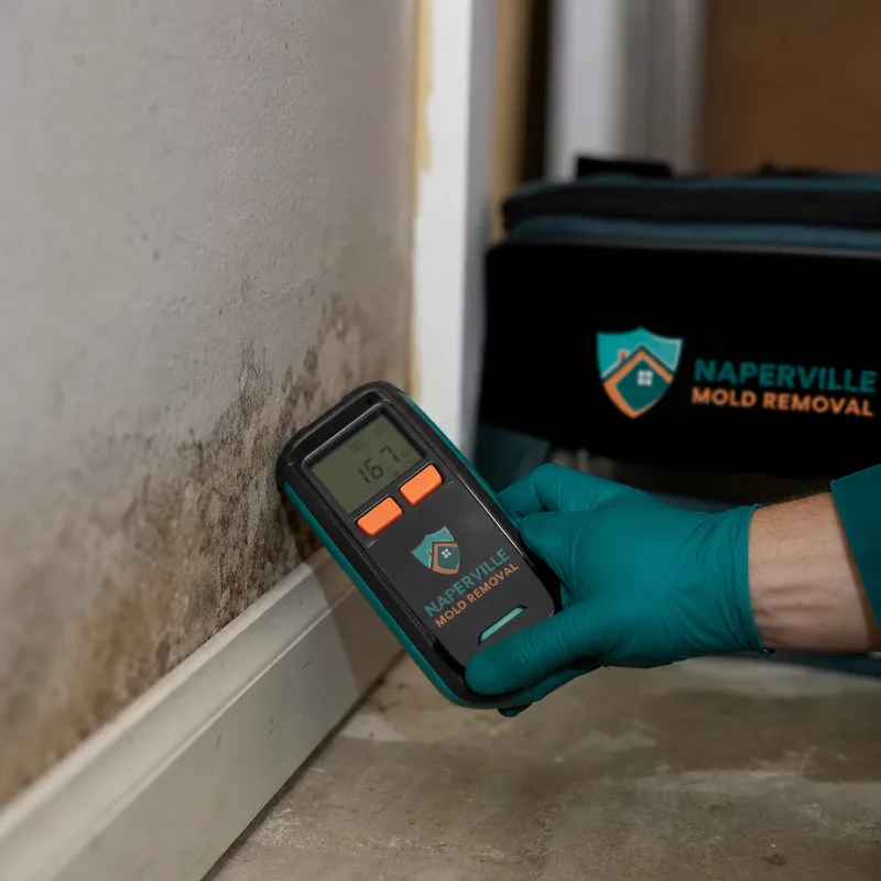 Moisture meter being used on baseboard and drywall at the edge of a finished basement wall
