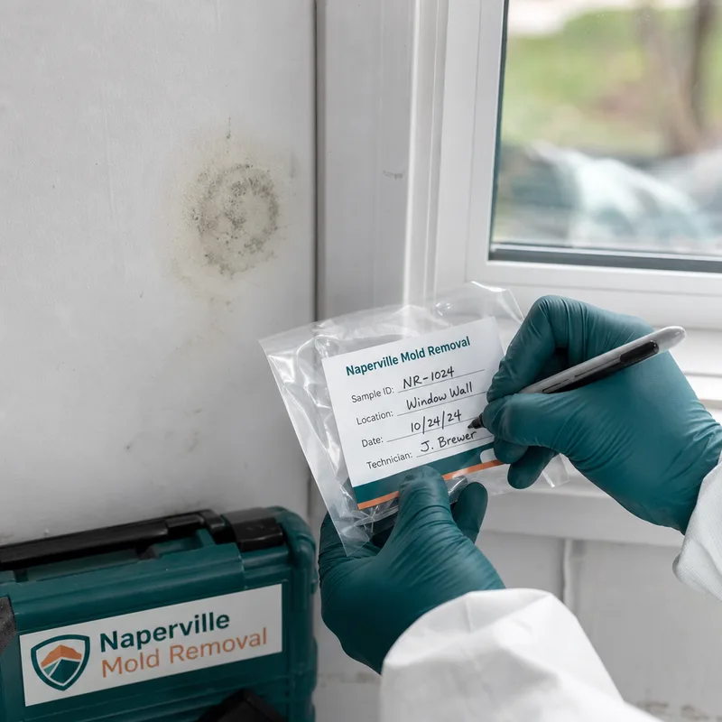 Labeled tape-lift surface sample being prepared beside discoloration on painted drywall near a window