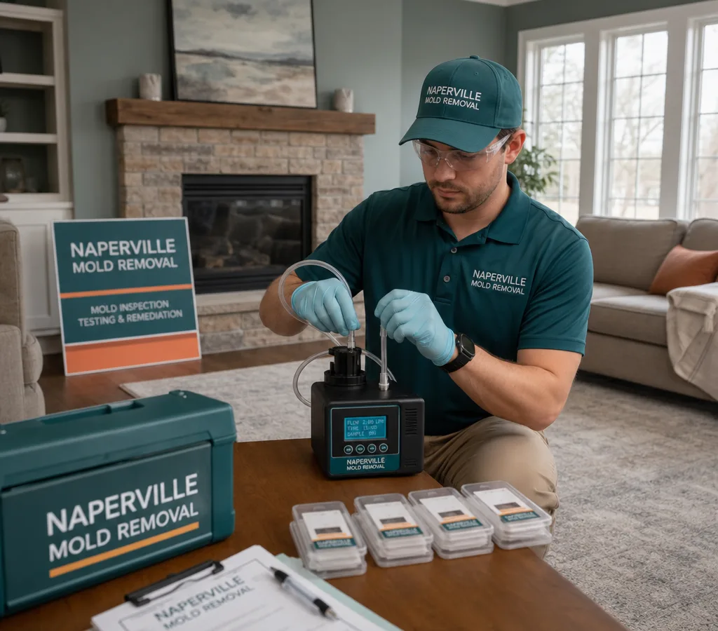 Contractor setting up indoor air sampling equipment in a residential living room with sample cassettes and a calibrated pump