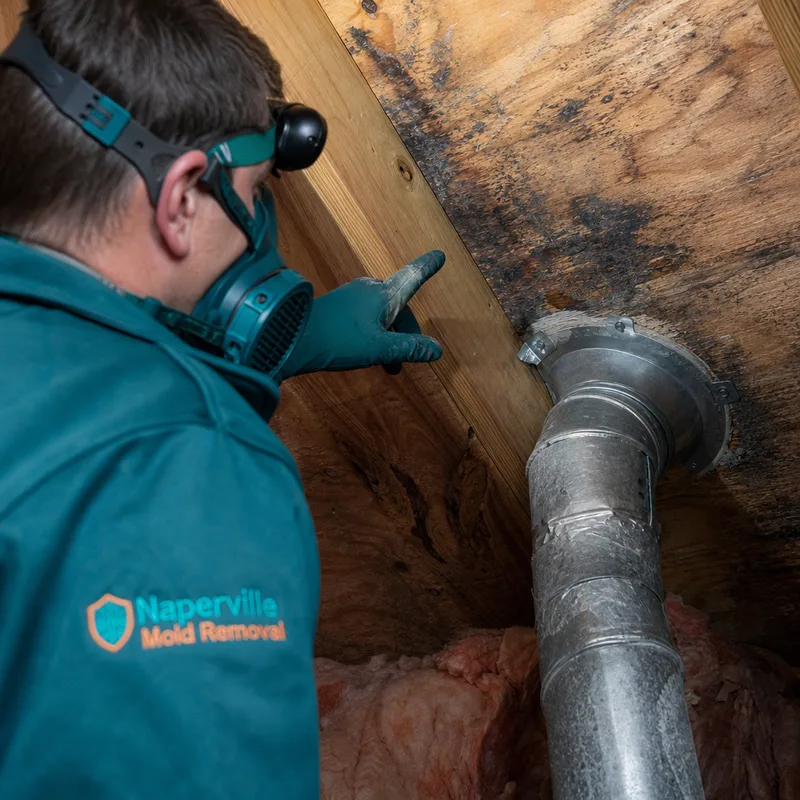Close-up of mold staining on attic roof sheathing around a bathroom exhaust duct connection showing condensation patterns