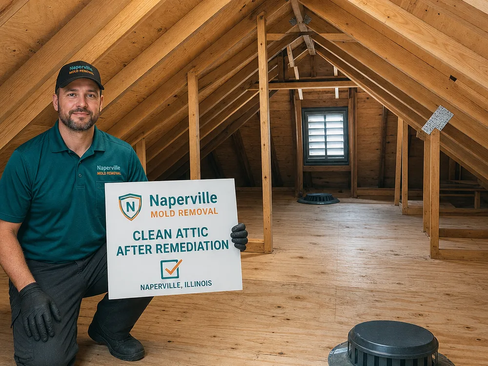 Cleaned attic framing and roof sheathing with vents visible and the space cleared of debris after remediation